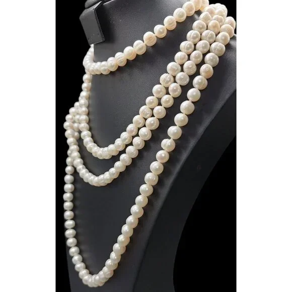 Freshwater Ringed Pearl Necklace 80" Glowing Bridal White 9mm-10mm Free Form